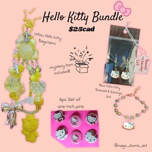 Hello Kitty Yellow Charm and Blue Earring+Bracelet Set, With Pins + Mystery Gift